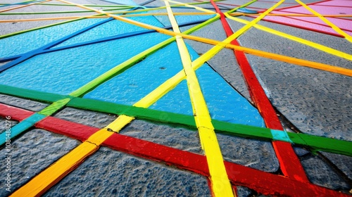 A modern art depiction of interconnected pathways in diverse colors merging towards a central point on a plain backdrop, Illustrating convergence and diversity, photography style