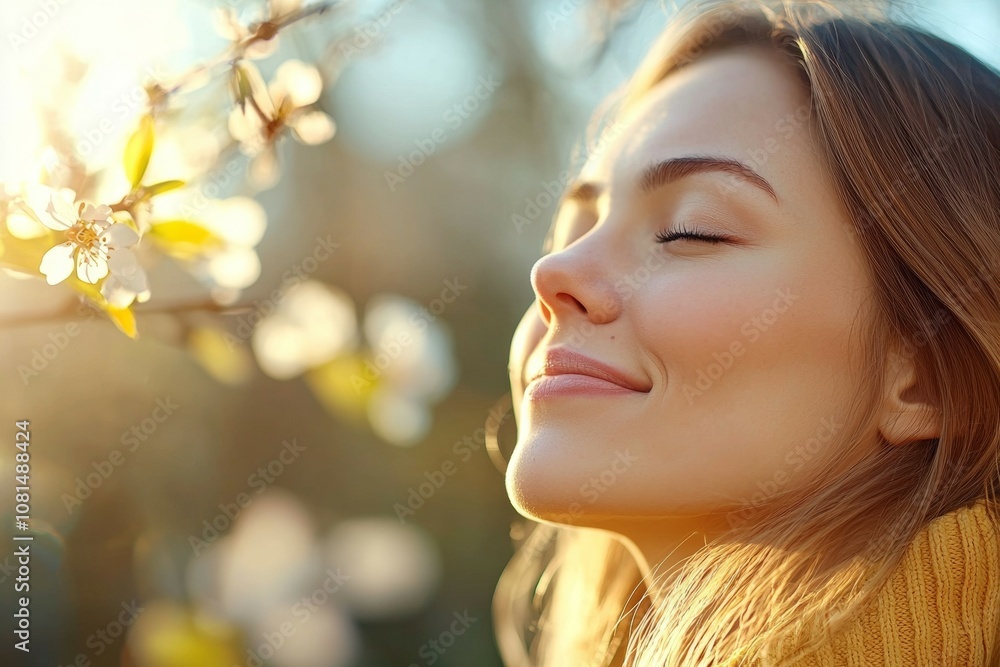A woman is smiling and breathing in the fresh air A woman is smiling and breathing in the fresh air