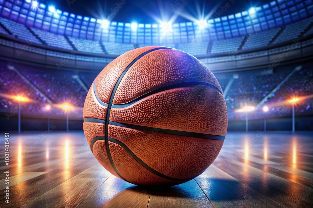 A basketball is on the court with the lights behind it A basketball is on the court with the lights behind it