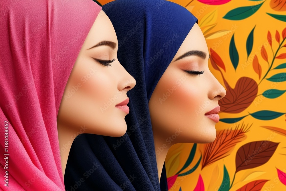 Two women wearing blue and pink headscarves are shown in a colorful background Two women wearing blue and pink headscarves are shown in a colorful background