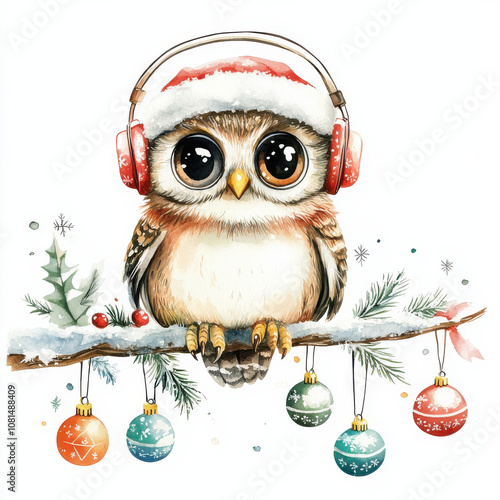 Cute owl wearing headphones and Santa hat, perched on branch with Christmas ornaments. Perfect for holiday themed designs and festive decorations