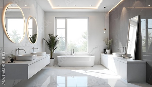 Animation of modern style luxury white bathroom with marble stone 3d render large window natural light into the room photo