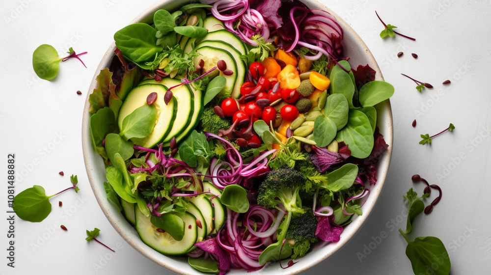 Top-down view of a fresh salad bowl with vibrant greens, colorful vegetables, and light dressing on a clean white background, minimalistic and healthy Top-down view of a fresh salad bowl with vibrant greens, colorful vegetables, and light dressing on a clean white background, minimalistic and healthy