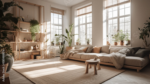 A serene minimalist living room with large windows letting in natural light, cozy neutral-toned furniture, lush indoor plants, and a soft throw blanket on the sofa