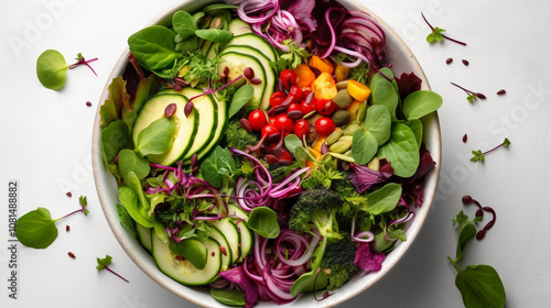 Top-down view of a fresh salad bowl with vibrant greens, colorful vegetables, and light dressing on a clean white background, minimalistic and healthy