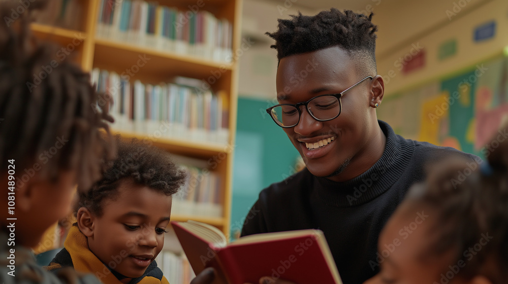 Obraz premium Young man reading to a group of children in a library, gentle smile, expressions of engagement and warmth from children, focus on nurturing and mentorship, illustrating positive masculinity