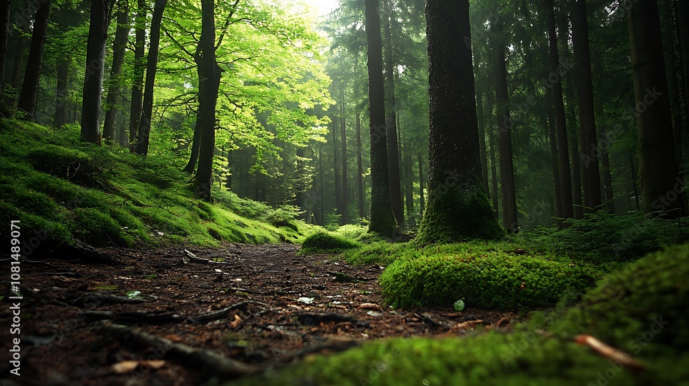 Obraz premium Sunbeams filtering through lush green forest canopy with a dirt path covered in moss