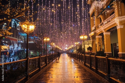 A city street adorned with twinkling lights.