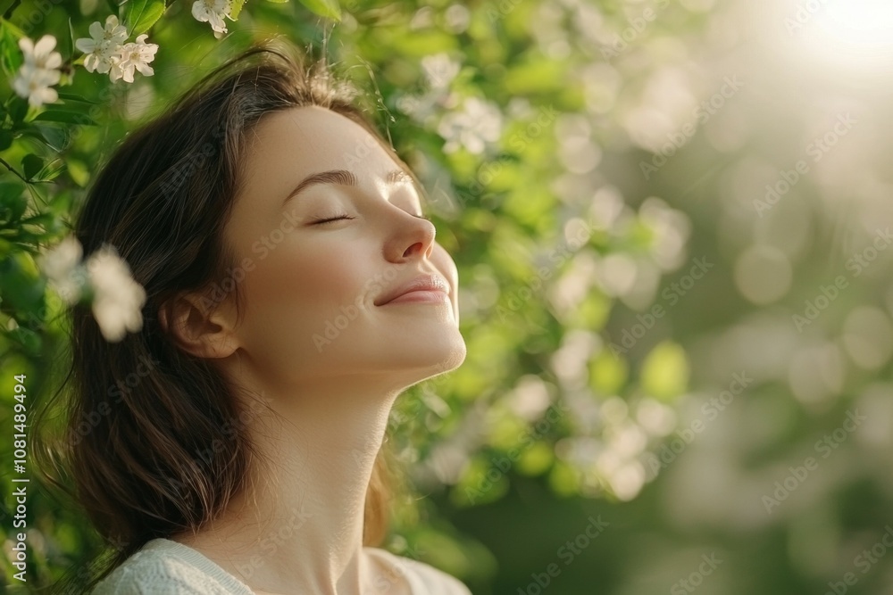Woman enjoying nature with closed eyes under sunlight in a serene garden setting Woman enjoying nature with closed eyes under sunlight in a serene garden setting