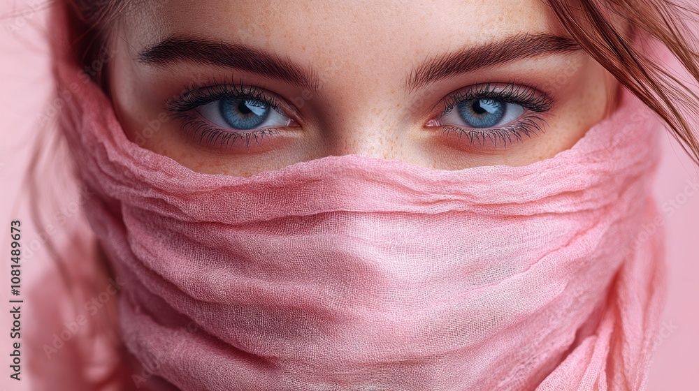 Close-up of a person with blue eyes partially covered by a pink scarf. Close-up of a person with blue eyes partially covered by a pink scarf.