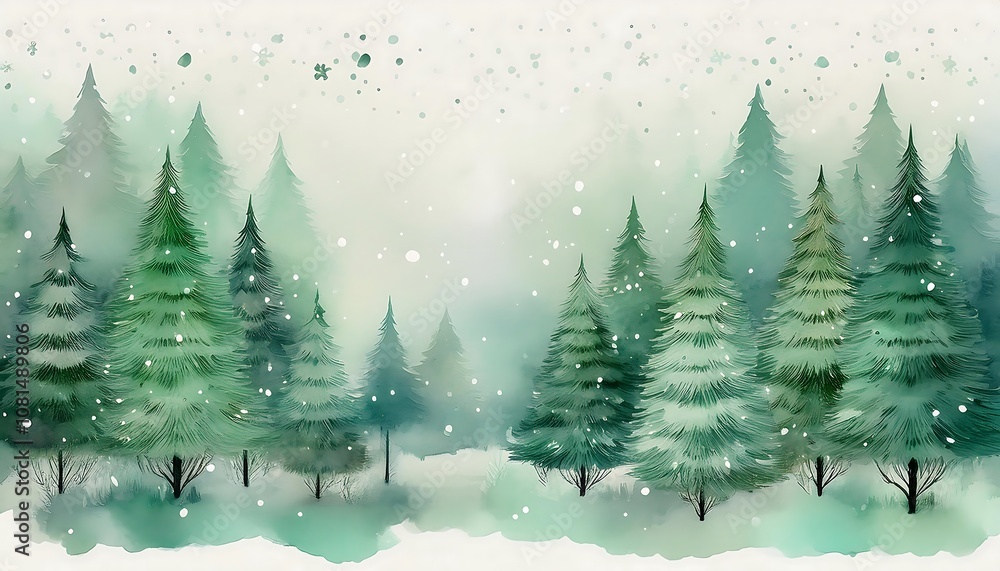 Soft watercolor depiction of gentle pine trees in pastel greens with snowflakes in a serene winter landscape. Generative AI Soft watercolor depiction of gentle pine trees in pastel greens with snowflakes in a serene winter landscape. Generative AI