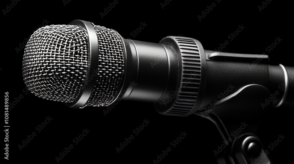 Close-up of a black microphone with a silver grille. Close-up of a black microphone with a silver grille.