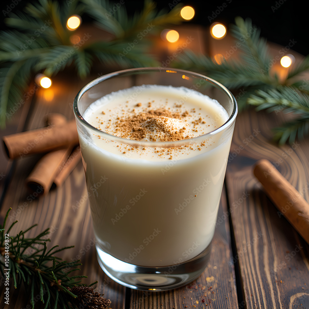 A cozy glass of holiday eggnog with cinnamon and pine decor for heartwarming celebrations, photography of food and drink concept. A cozy glass of holiday eggnog with cinnamon and pine decor for heartwarming celebrations, photography of food and drink concept.