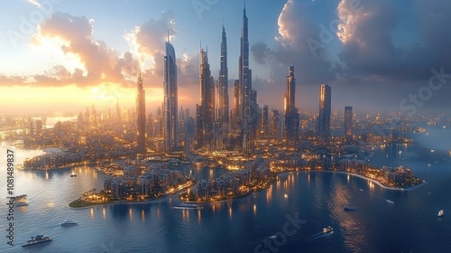 Aerial view of a modern cityscape at sunset with skyscrapers and boats.