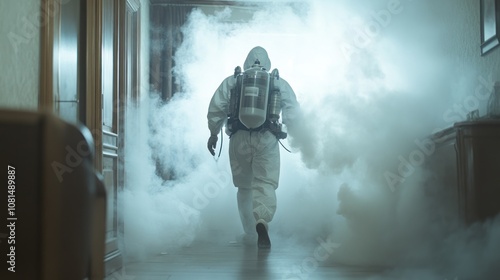 Hazmat Suit in a Foggy Corridor