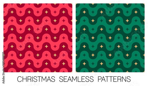 Set of red and green wave and star geometric seamless stripes pattern design for christmas and new year holidays.