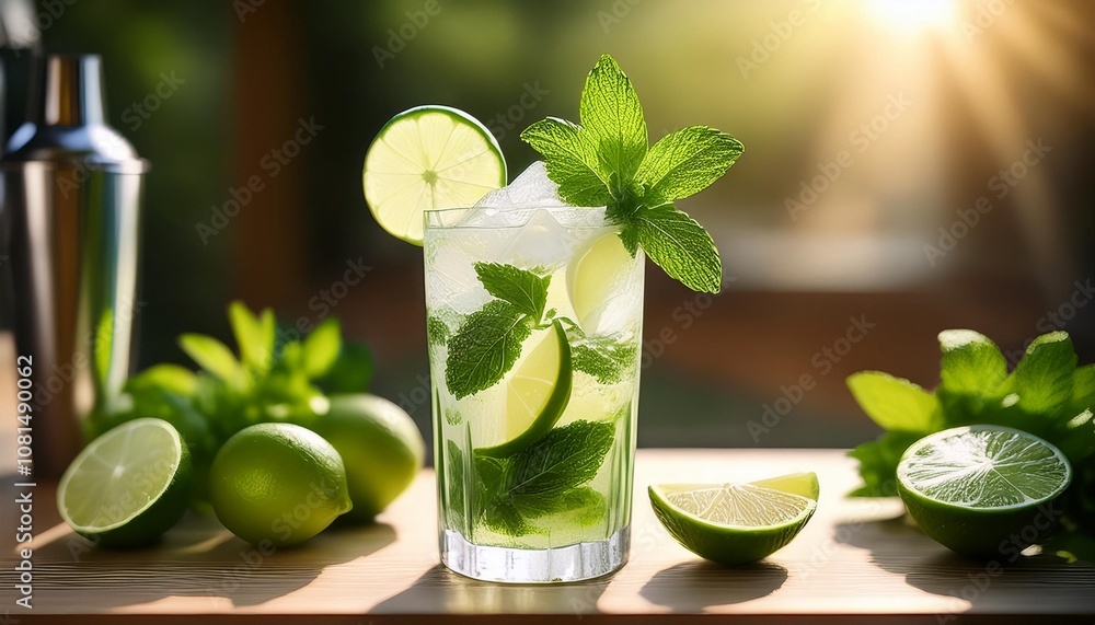 A Refreshing Cocktail of Icy Mojito with Fresh Mint Leaves and Lime Slices, Captured in Bright, Airy Natural Light for a Perfect Summer Vibe A Refreshing Cocktail of Icy Mojito with Fresh Mint Leaves and Lime Slices, Captured in Bright, Airy Natural Light for a Perfect Summer Vibe