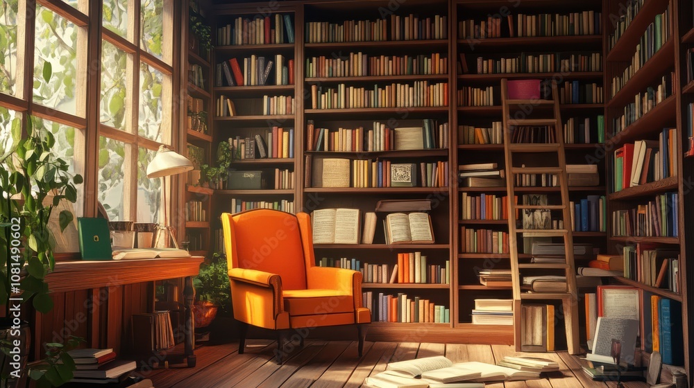 Cozy library with bookshelves and a reading chair. Cozy library with bookshelves and a reading chair.