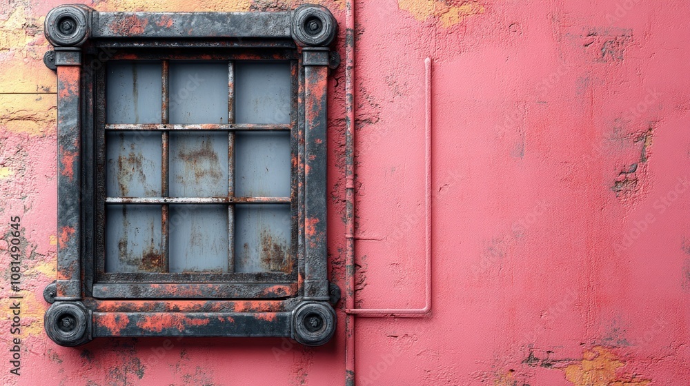 Naklejka premium Vintage window frame on a textured pink wall, showcasing decay.
