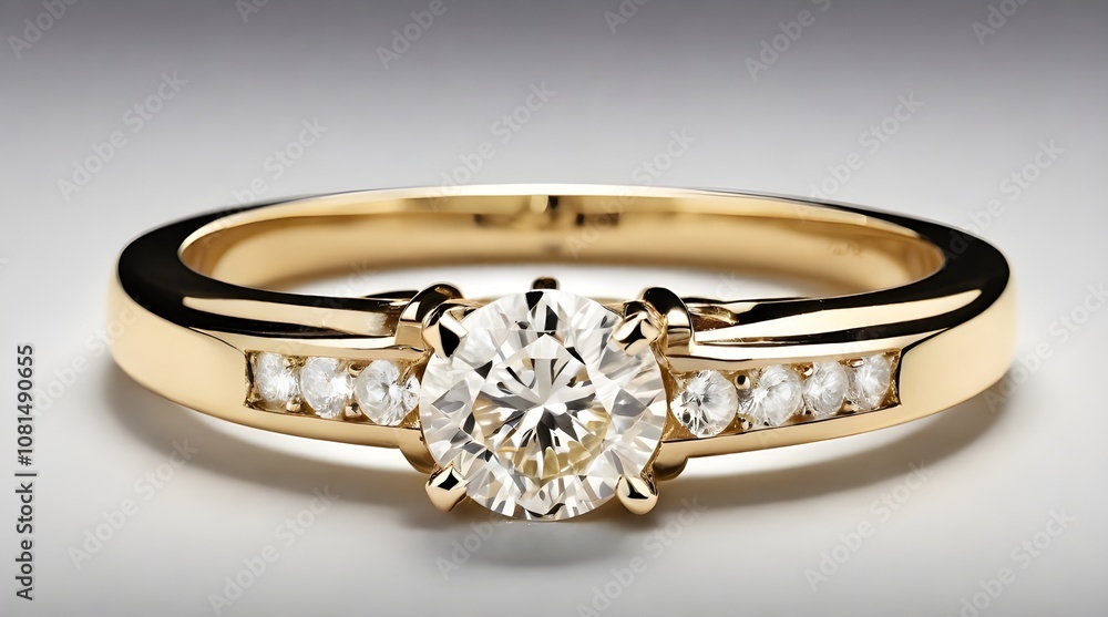 Yellow gold diamond ring set in a white engagement solitaire style.generative.ai Yellow gold diamond ring set in a white engagement solitaire style.generative.ai