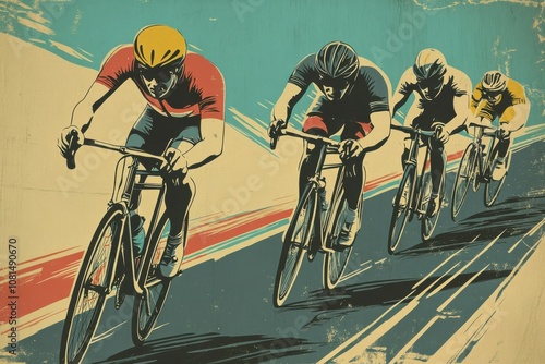 Cyclists racing on a vintage poster design.