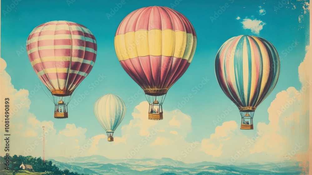 Fototapeta premium Five colorful hot air balloons fly above clouds.