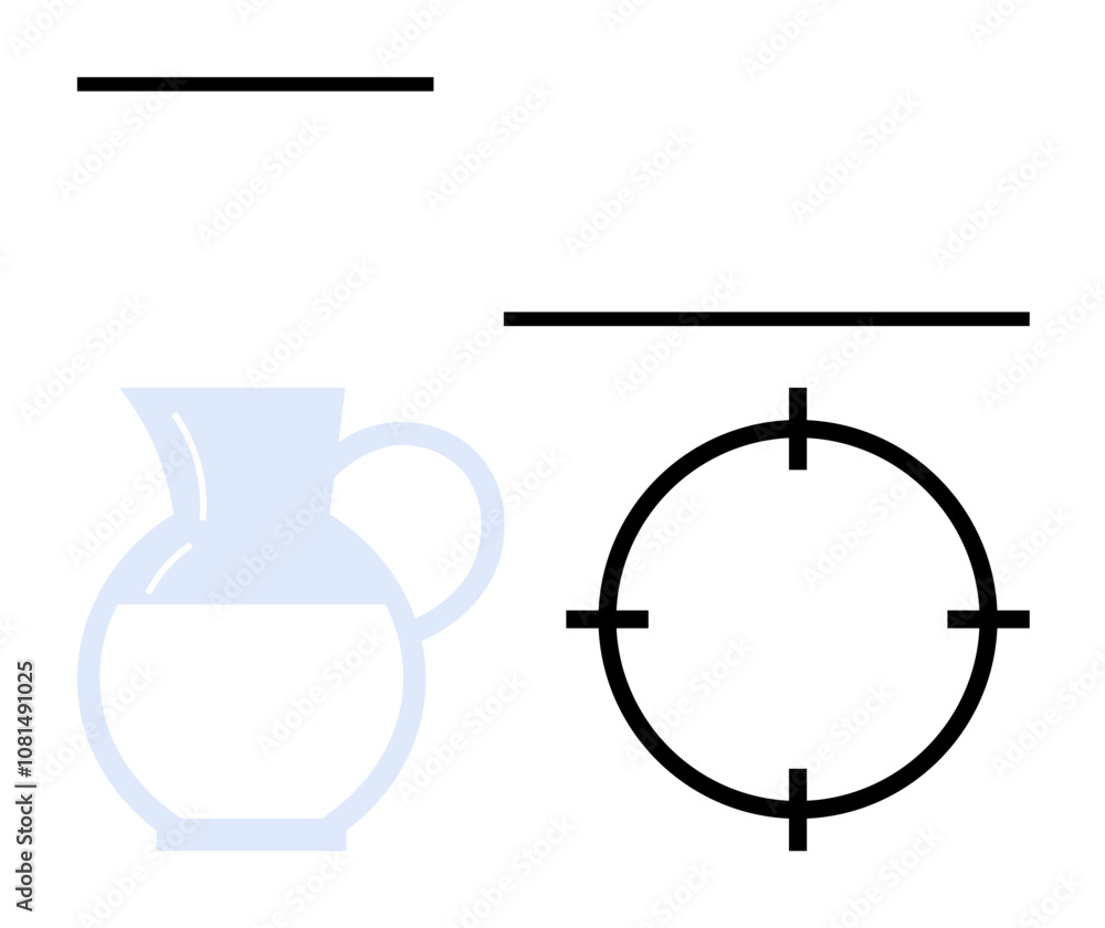 Pottery jug, two horizontal lines, and a target circle symbol. Ideal for art concepts, pottery workshops, minimalism themes, graphic design, precision themes abstract art educational purposes. Line Pottery jug, two horizontal lines, and a target circle symbol. Ideal for art concepts, pottery workshops, minimalism themes, graphic design, precision themes abstract art educational purposes. Line