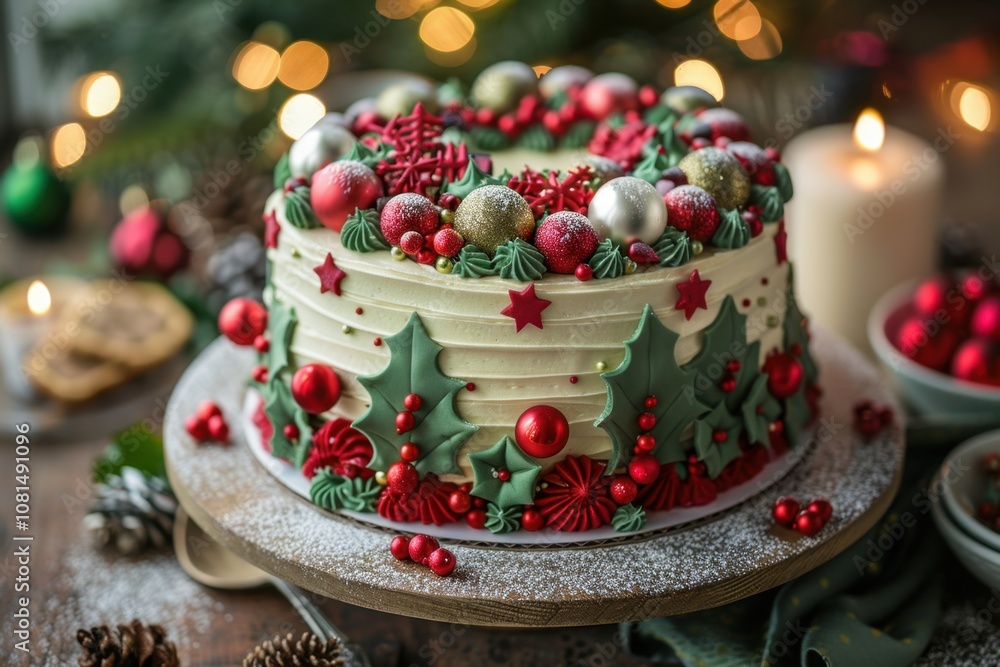 Beautifully Decorated Christmas Cake with Festive Elements Beautifully Decorated Christmas Cake with Festive Elements