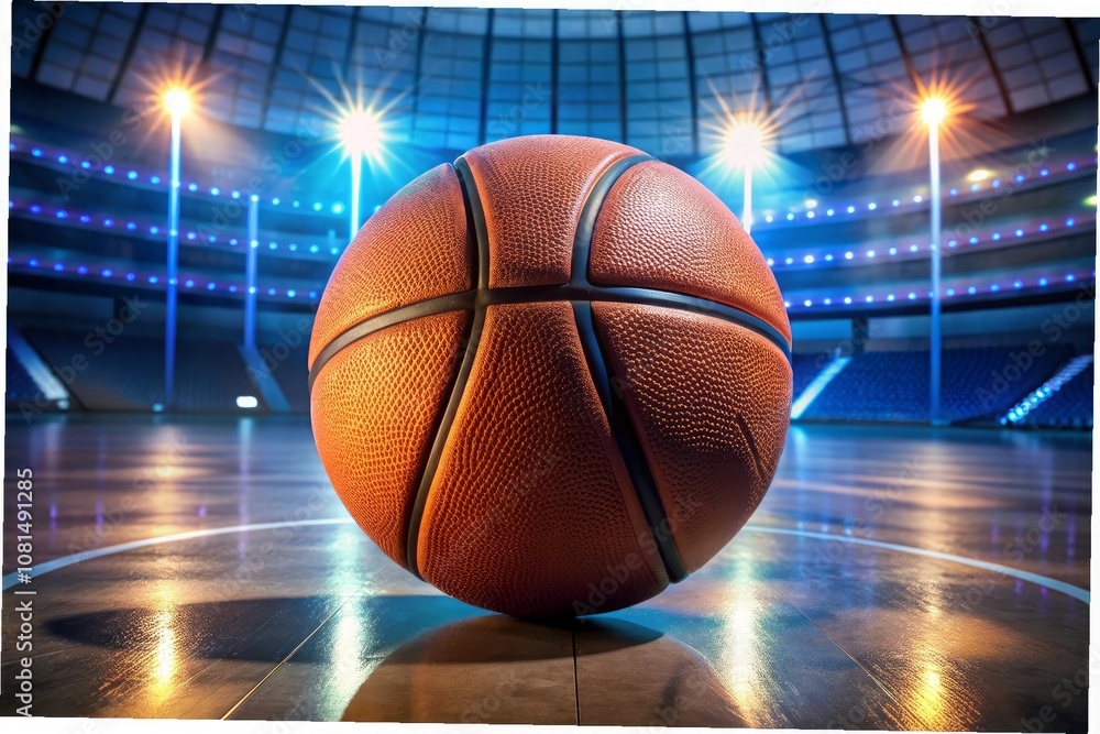 a basketball is on a court with lights in the background a basketball is on a court with lights in the background