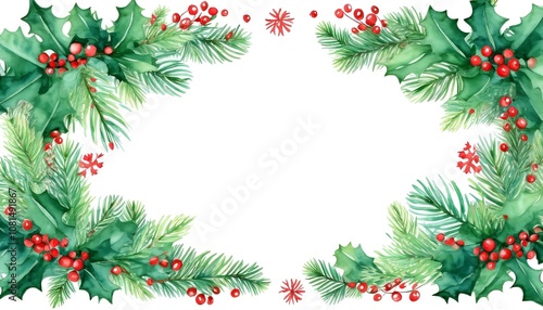 Watercolor New Year card frame with green Christmas trees and holly sprigs for festive celebrations