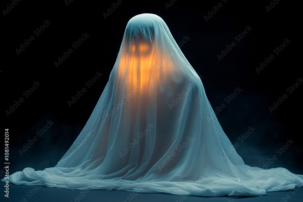 Person in a white ghost costume with black eyes on a dark background, perfect for Halloween or spooky- Person in a white ghost costume with black eyes on a dark background, perfect for Halloween or spooky-