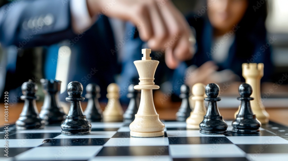 A strategic chess match takes place between two players in a modern office setting during a midday break A strategic chess match takes place between two players in a modern office setting during a midday break