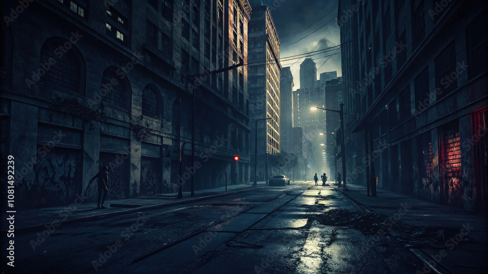 Dark Gritty Cityscape, Rundown Buildings, Violence Signs, Haunting Figures in Oppressive Desolation. Dark Gritty Cityscape, Rundown Buildings, Violence Signs, Haunting Figures in Oppressive Desolation.