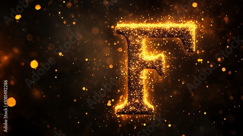 A glowing letter F made from golden particles, floating in a dark space with light effects