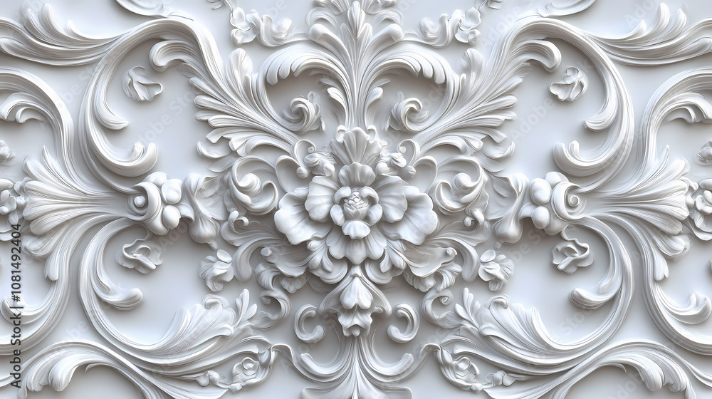 Wallpaper with a 3d baroque pattern in white. elegant light decorative wallpaper. Baroque. Illustration Wallpaper with a 3d baroque pattern in white. elegant light decorative wallpaper. Baroque. Illustration