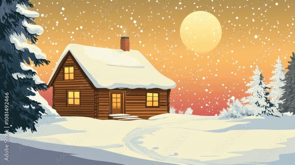 Snowy cabin with moon and pine trees. Snowy cabin with moon and pine trees.