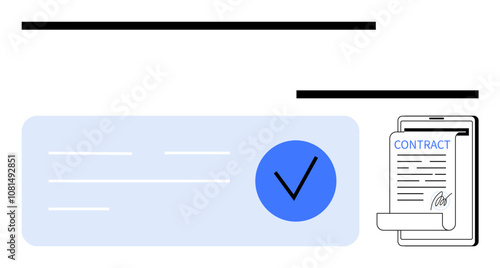 Document with blue checkmark symbolizing verification beside clipboard holding a signed contract. Ideal for business approvals, legal agreements, digital authenticity, compliance, official