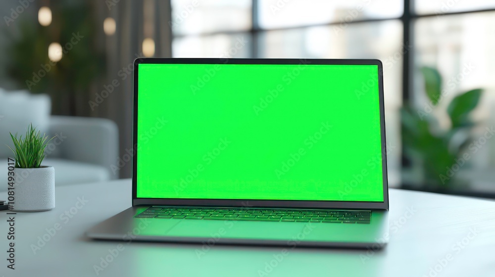 Laptop with green screen, chroma key mock up is on the table. Computer display close-up. Business mockup empty blank space. Modern gadget is on white table in horizontal position Laptop with green screen, chroma key mock up is on the table. Computer display close-up. Business mockup empty blank space. Modern gadget is on white table in horizontal position