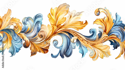 Watercolor, golden baroque scrollwork, clip art on white background. Baroque. Illustration