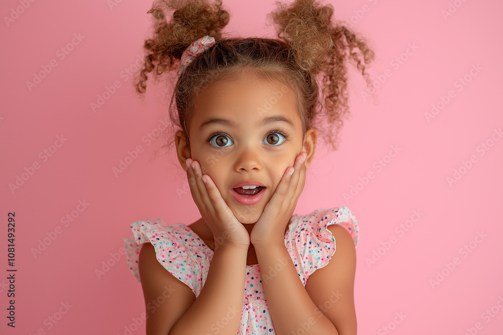 A cute little girl with her hands on her cheeks, looking surprised and excited against a pink background. Portrait photography.
A cute little girl with her hands on her cheeks, looking surprised and excited against a pink background. Portrait photography.
