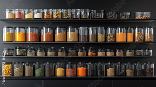 Organized Spices in Clear Containers on Black Shelf