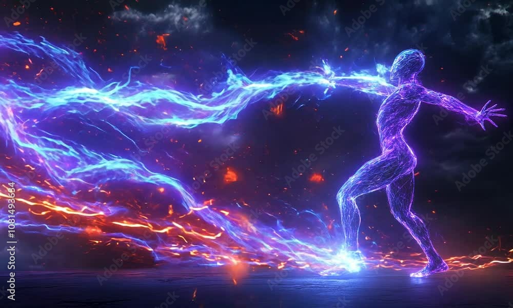 A vibrant, electric figure surrounded by dynamic energy and sparks in a cosmic setting. A vibrant, electric figure surrounded by dynamic energy and sparks in a cosmic setting.