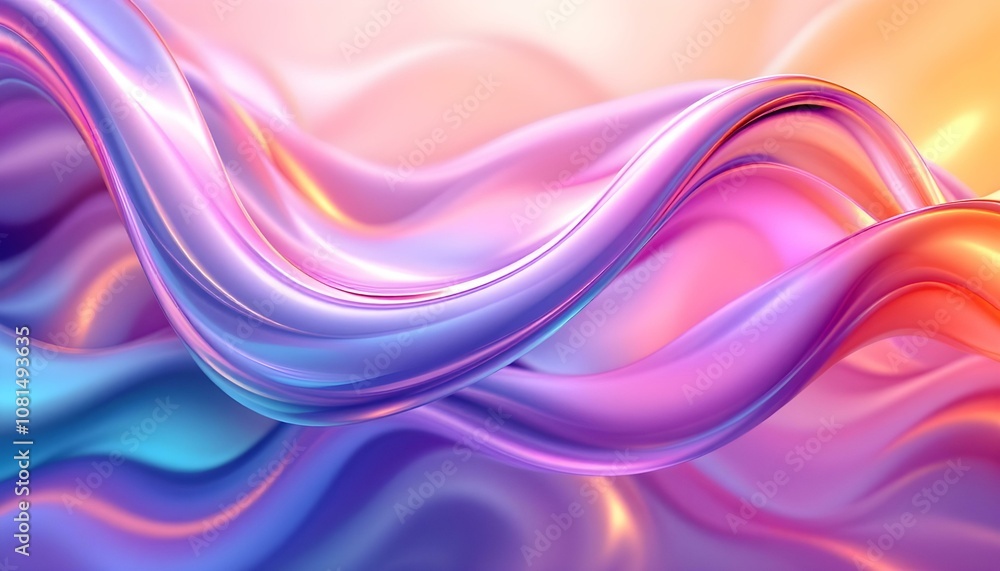 3d holographic ribbon glass morphism wave line isolated on abstract background render. Iridescent curve liquid shape with blue-purple hologram gradient, water liquid flow background 3d holographic ribbon glass morphism wave line isolated on abstract background render. Iridescent curve liquid shape with blue-purple hologram gradient, water liquid flow background