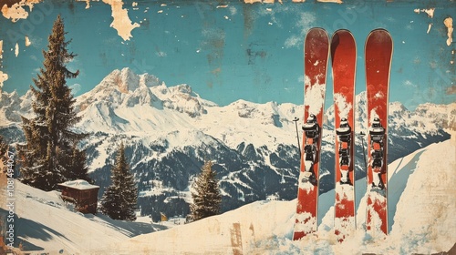 Vintage ski poster with mountain scene.