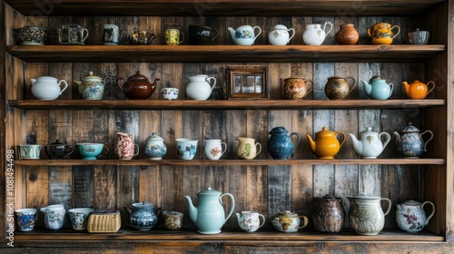 Collection of Various Teapots on Rustic Shelves photo