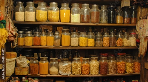 Colorful Variety of Food Ingredients in Storage Jars