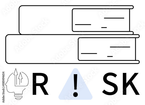 Two stacked books with accompanying brain, exclamation mark, and letter symbols. Ideal for education, analysis, strategy, management, decision-making safety and human resources. Line metaphor