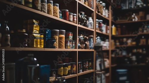 Organized Pantry with an Assortment of Jars and Cans