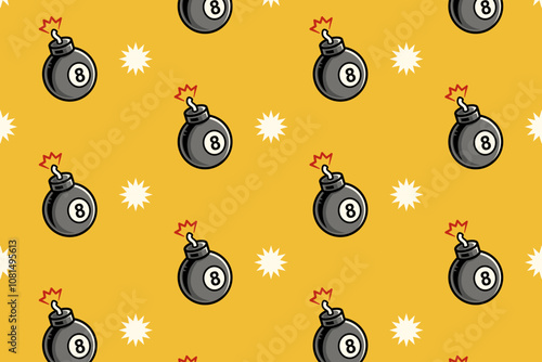 bomb with billiard ball and fire pattern on yellow background. pool black ball with bomb, burning flame object symbol seamless pattern background. for billiard decor and merchandise
