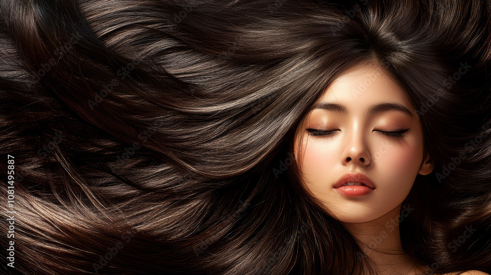 Portait of a beautiful woman with long wavy brunette hair elegant fashion background with copy space. for hair care advertising barber shop spa salon Portait of a beautiful woman with long wavy brunette hair elegant fashion background with copy space. for hair care advertising barber shop spa salon